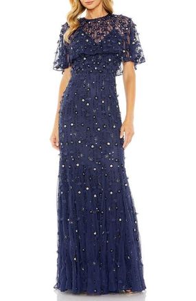 Mac Duggal Womens Embellished Illusion Cape Sleeve Trumpet Gown in Midnight at Nordstrom, Size 10