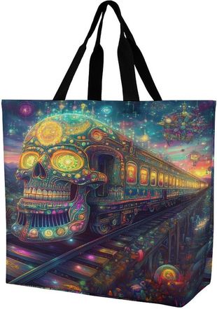 Generic Skull Vintage Steam Train Large Reusable Shopping Bag Lightweight Foldable Tote Bags Washable Shoulder Handbag