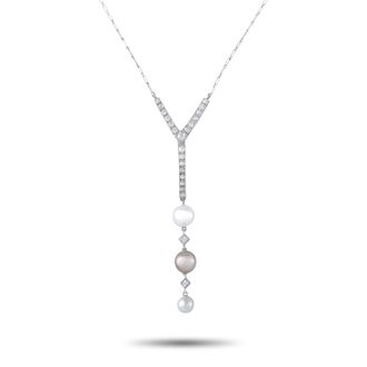 Luxury Bazaar Platinum 18K White Gold 0.85ct Diamond and Pearl Vintage Pendant Necklace MF04-073026