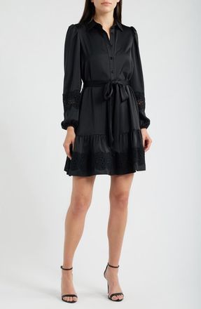 Anne Klein Lace Trim Long Sleeve Tie Belt Satin Shirtdress in Anne Black at Nordstrom, Size 12
