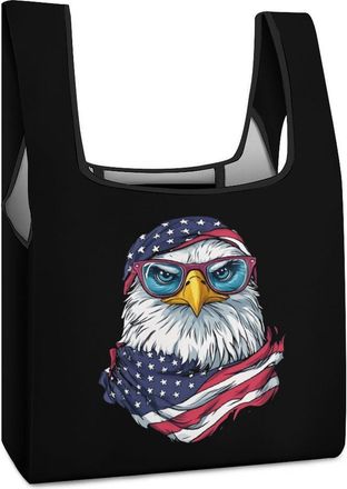 Generic USA Flag Bald Ea-gle Shopping Bag Reusable Grocery Tote Bag Foldable Handbag for Travel Picnic