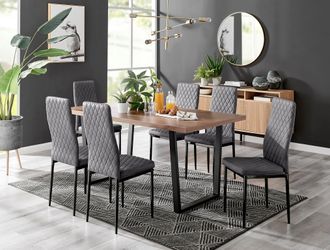 Furniturebox Kylo Large Brown Wood Effect Dining Table & 6 Velvet Milan Black Leg Chairs in Grey