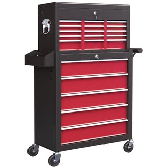 HOMCOM Rolling Tool Chest Lockable Roller Cabinet with with 14 Drawers Red | TJ Hughes