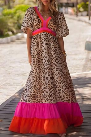 Azura Exchange Leopardprint Maxi-jurk met Gelaagde Rok