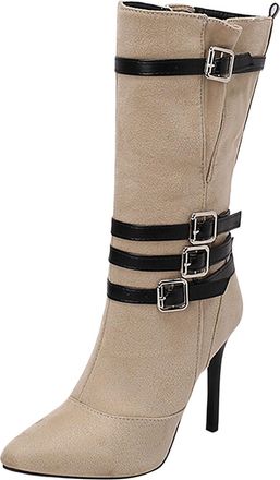 Generic Winter Womens Fashion Suede Over The Knee Boots with High Block Heel and Elegant Pleated Ankle Design for a Stylish Statement (Beige, 5. 5)