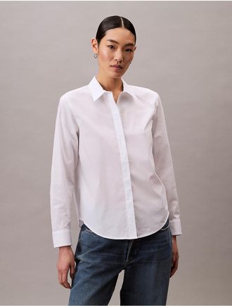 Calvin Klein Womens Cotton Poplin Stretch Relaxed Button-Down Shirt - White - XS