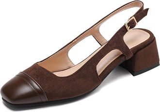 Generic Qynthra Womens Slingback Block Heel Pumps Suede Cap Toe Low Heel Court Shoes Black and Brown Ideal for Business Casual Autumn Weddings,Brown,6.5 UK