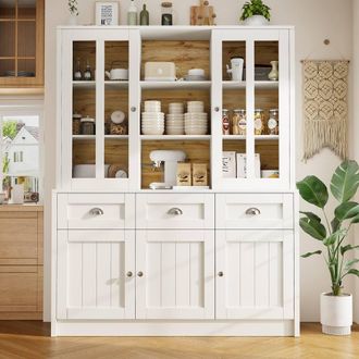 Merax Kitchen Dresser Buffet Cabinet with Acrylic Doors & Drawers in White