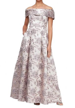 Alex Evenings Brocade Off Shoulder Gown In Mauve