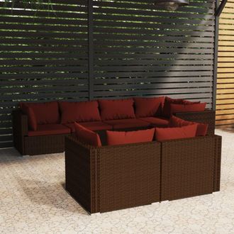 vidaXL Set Muebles De Jard&iacute;n 7 Piezas Y Cojines Rat&aacute;n Sint&eacute;tico Marr&oacute;n Vidaxl