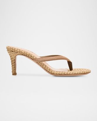 Gianvito Rossi 70mm Calypso Suede and Raffia Heeled Thong Sandals