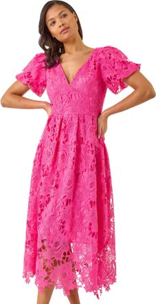 Roman Womens Crochet Lace V-Neck Midi Dress - Pink - Size 14 UK