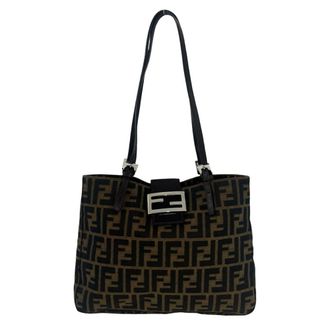 Fendi Black Brown Canvas Leather Shoulder Bag Tote Bag (Pre-Owned)