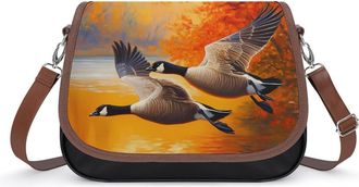 Generic Flying Geese Ducks Autumn Crossbody Bag Womens Handbag PU Message Bags Shoulder Purse with Adjustable Strap