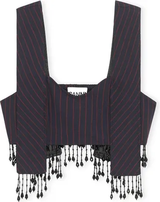 Ganni Navy Stretch Stripe Beaded Fringes Panel Strap Top - Size 10/12 Elastane