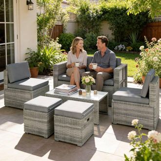 OUTSUNNY 6 Piece Rattan Garden Furniture Set, Nesting Patio Conversation Set in Dark Grey