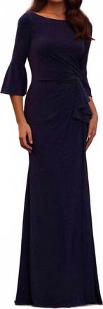 La Femme High Neck Evening Gown In Navy