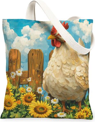 Generic Spring Chicken Poultry Canvas Tote Bag for Shopping 13x15, Sunflower Fence Fowl Reusable Grocery Print Bag for Women, Fun Farmhouse Scenic Beach Aesth