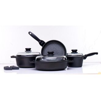 Risoli Set Batteria da Cucina HardStone, Alluminio Pressofuso, Rivestimento Antiaderente HARD STONE, Vetro Borosilicato, Silicone, Antracite, 36x36x8,5 cm