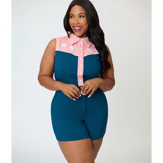 Unique Vintage Plus Size Rodeo Ready Romper in Green & Pink W/Embroidery at Nordstrom, Size 3X