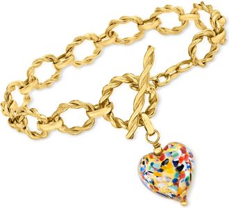 Ross-Simons Italian Multicolored Murano Glass Heart Bracelet in 18kt Gold Over Sterling