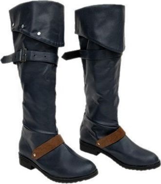 Generic Mens Flat Heel Knee High Boots Pull on Medieval Boots Round Toe PU Leather Pirate Long Boot,Black,8.5 UK