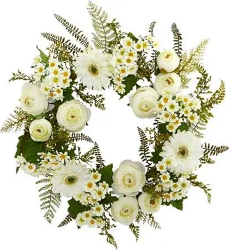Nearly Natural 24-in Mixed Daisies and Ranunculus Wreath in White at Nordstrom