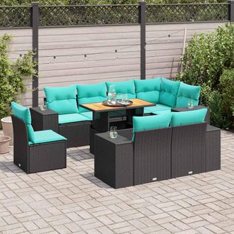 vidaXL Vidaxl Set De Sof&aacute;s De Jard&iacute;n Con Cojines 9 Pzas Rat&aacute;n Sint&eacute;tico Negro