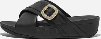 FitFlop Womens Lulu Buckle Leather Cross Slide Sandals In Black