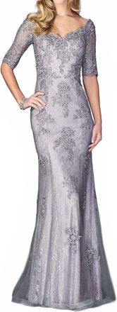 La Femme Applique Evening Gown In Silver/pink