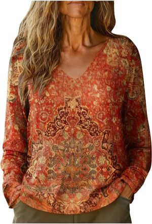 Generic Womens Spring Shirts UK Vintage Ethnic Floral Print Tops Dressy Casual Long Sleeve V Neck Loose Fit Blouse Ladies Lightweight Going Out T-Shirts Comfy