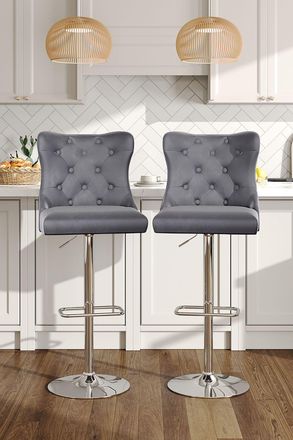 Living and Home 2 Pcs Velvet Upholstered Adjustable Bar Stool with Button Seat Back