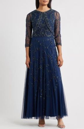 Pisarro Nights Beaded Mesh Gown with Jacket in Navy/Navy at Nordstrom Rack, Size 6