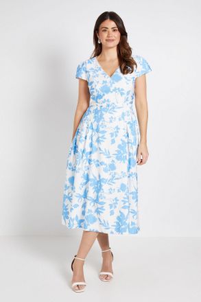 Wallis Womens Floral Ottoman Twill Belted Midi Dress - Blue - Size 12 UK