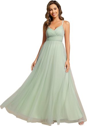 Ever-pretty Women Maxi Bridesmaid Dress Tulle Long V Neck Spaghetti Straps Backless Mint Green 14