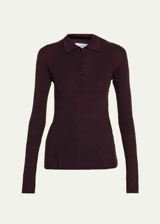 Vince Raglan-Sleeve Wool-Silk Rib Polo Sweater