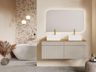 Vente-Unique Mobile bagno sospeso scanalato beige con lavabo da appoggio quadrato 120 cm - SATARA