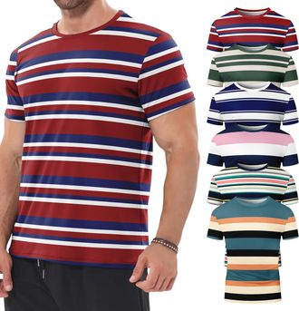 Generic 6 Pack Mens Big and Tall Shirts Summer Cotton Short Sleeve Tee Crew Neck Casual Top Basic Oversize T Shirts Mens Striped Shirt Short Sleeve T-Shirts (