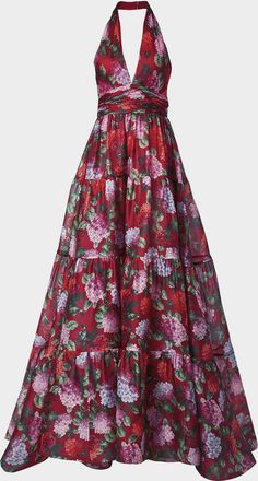 Carolina Herrera Halter Neck Tiered Floral Silk Gown