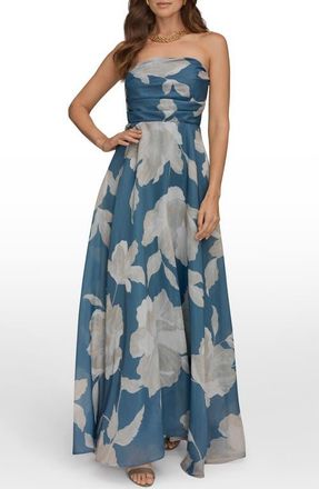 DKNY Strapless Floral Print Gown in Washed Indigo/Cream (Dim) at Nordstrom, Size 12