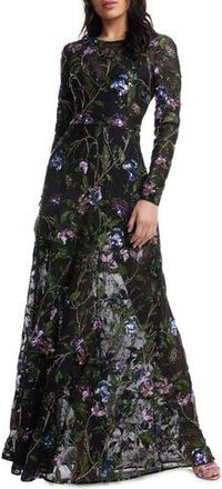 Dress The Population Ava Sequin Floral Long Sleeve A-Line Gown in Black Multi at Nordstrom Rack, Size Small