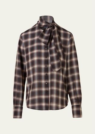 Akris Multicolor Plaid Scarf-Neck Button-Down Blouse