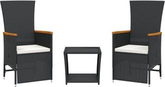 vidaXL Set Comedor De Jard&iacute;n 3 Pzas Con Cojines Rat&aacute;n Sint&eacute;tico Negro Vidaxl