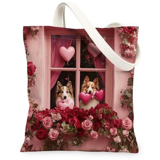 Generic Valentines Day St. Bernard Dog Canvas Tote Bag for Shopping 13x15, Window Couple Puppy Reusable Grocery Print Bag for Women, Pet Beach Aesthetic Paint