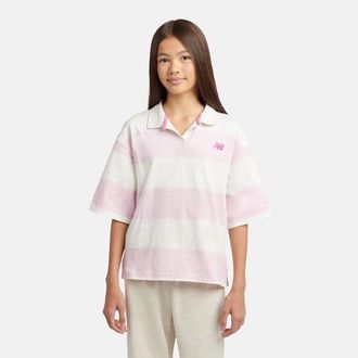New Balance Girls Striped Rugby Polo in White Cotton, size 10-11 Y