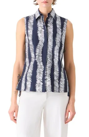 Akris Scribble Wave Print Sleeveless Cotton Poplin Button-Up Shirt in Black-Cream at Nordstrom, Size 16