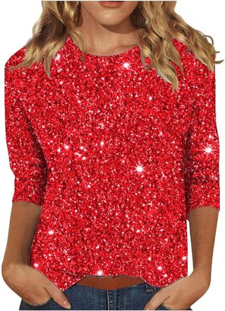 Generic Red Sparkly Top, Sparkly Tops for Women UK: Sequin Top Glittery Shirts Xmas T-Shirt Elegant Christmas Blouse 3/4 Sleeve Plus Size Blouses Shimmer Tshi