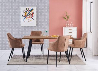 Life Interiors Life Interiors - Rocco Lux Zarah - Mesa De Comedor De Madera De Roble Y Juego De 4 Sillas De Comedor De Cuero Beige - Comedor Cocina