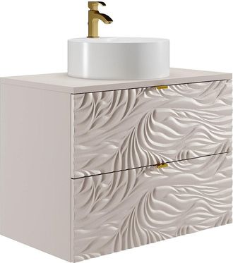 Vente-Unique Mueble de baño suspendido texturizado con lavabo sobre encimera redondo - Beige - 80 cm - RINAREL