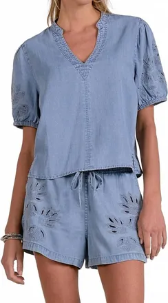 Elan Short Sleeve Open Work Sleeves V-Neck Top In Denim